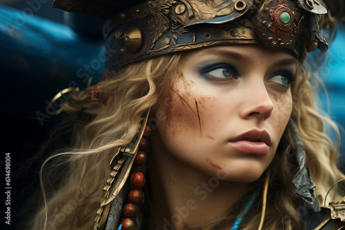 Close up portrait of a blond sea wench, female private captain 