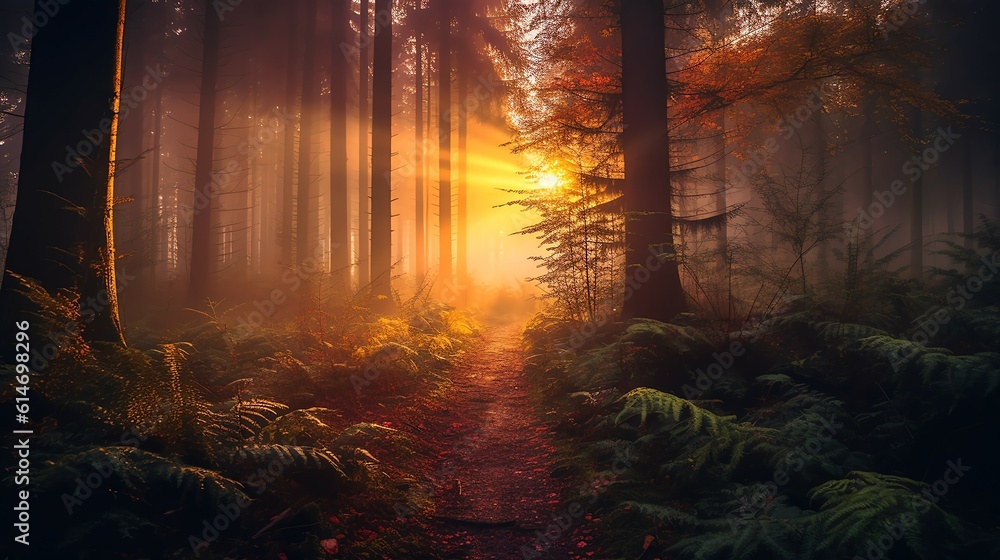 Obraz premium A misty forest during Sunrise 