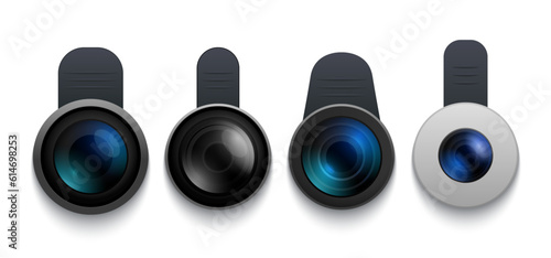Mobile lens objective mini glass. Fish eye mobile phone vector photo clip on lens design.