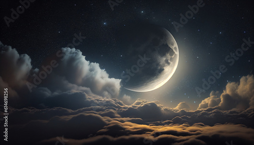 A crescent moon and a full moon in a cloudy night sky, Generative AI