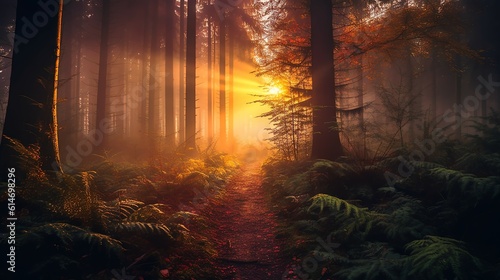 A misty forest during Sunrise "Generative AI" © Duha