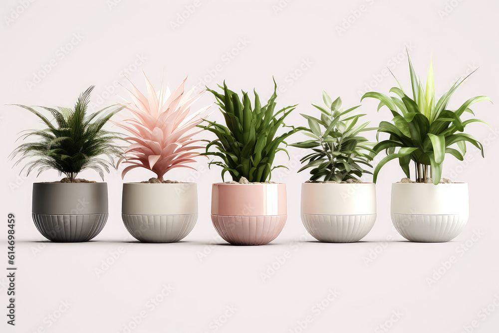 Homemade green plants in pastel colors pots standing in a row isolated on light color background clipart. Growing succulents for home garden. Generative AI 3d render illustration.
