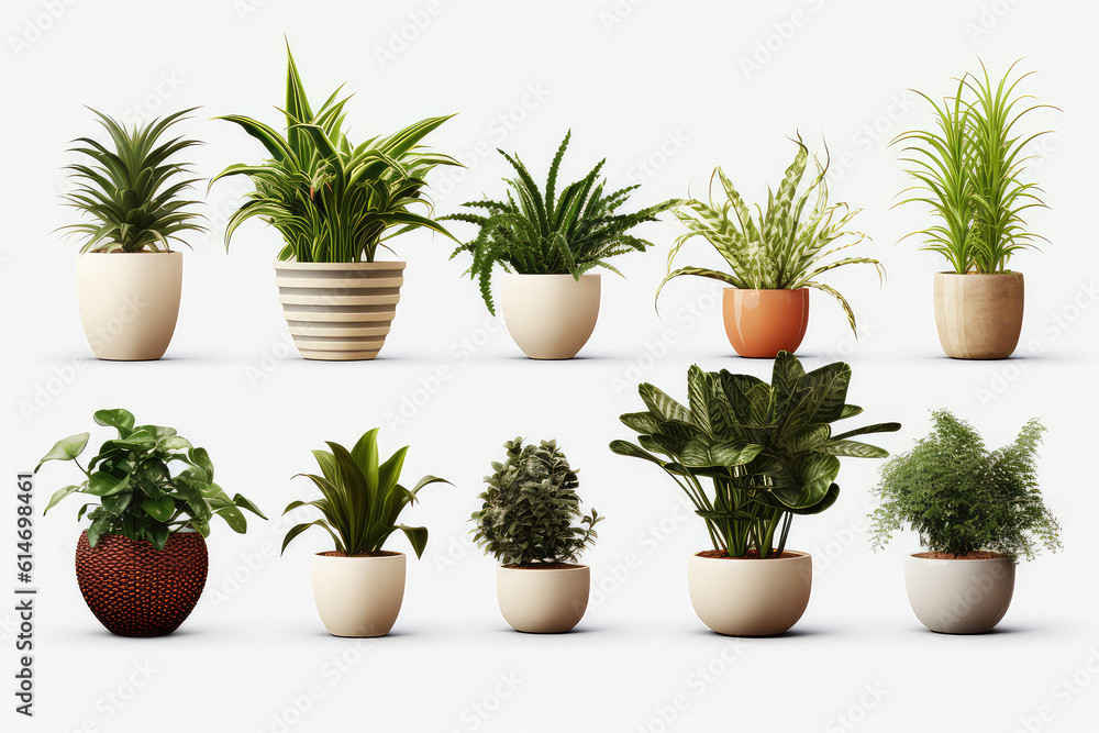 Lot of Homemade green plants in pots standing in a row isolated on white background clipart. Growing succulents for home garden. Generative AI 3d render illustration.