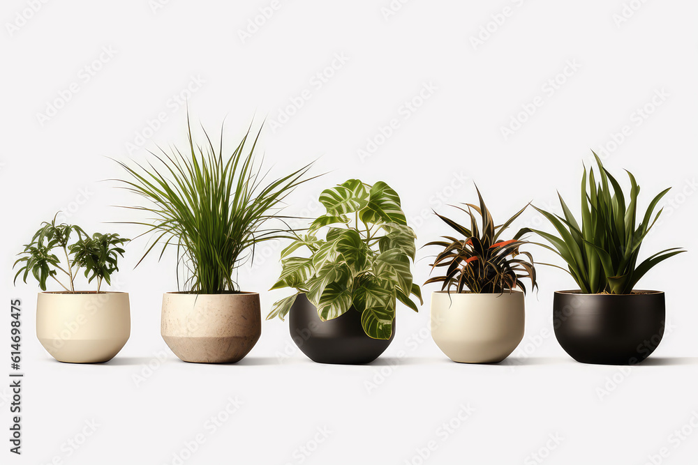 Five Homemade green plants in pots standing in a row isolated on white background clipart. Growing succulents for home garden. Generative AI 3d render illustration.