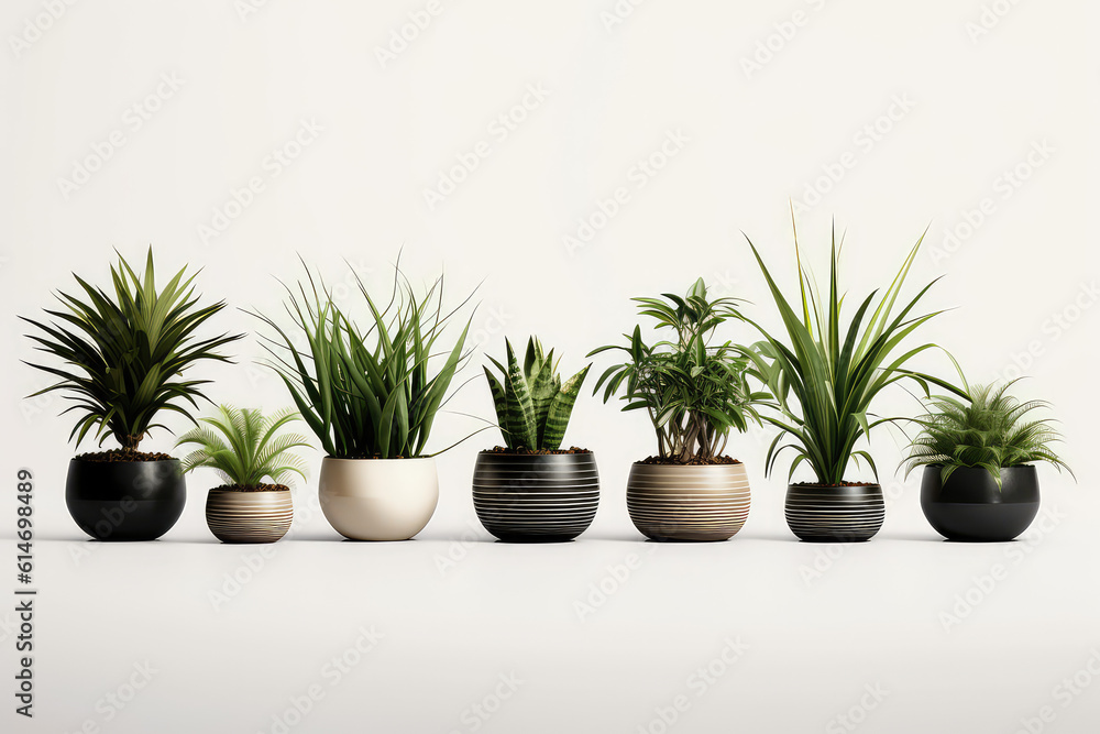 Homemade green plants in pots standing in a row isolated on flat white background clipart. Growing succulents for home garden. Generative AI 3d render illustration.