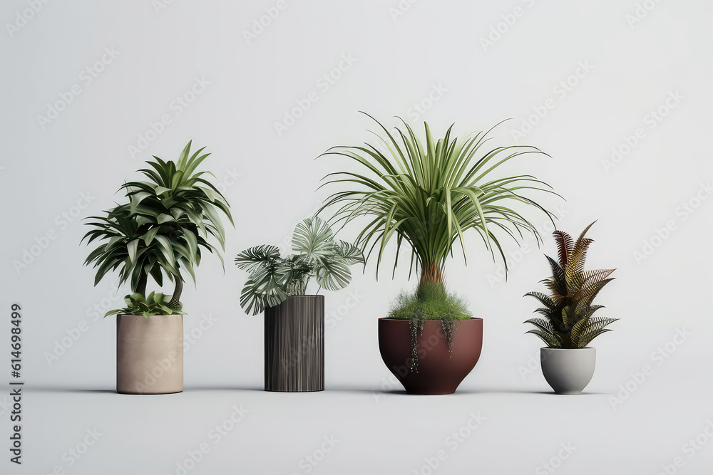 Homemade green plants in pots standing in a row isolated on grey background. Growing succulents for home garden. Generative AI 3d render illustration.