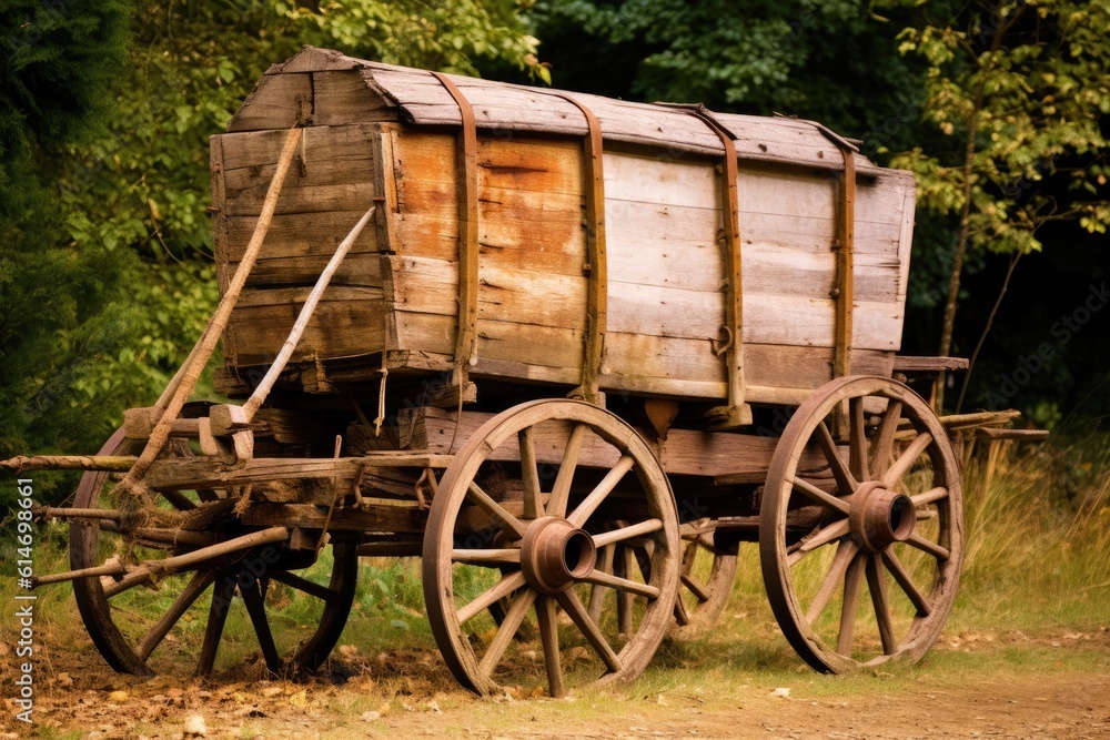Old wooden rural wagon. Generative AI