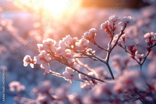 Winter background with flowers covered snow crystals glittering in sunlight. Generative AI