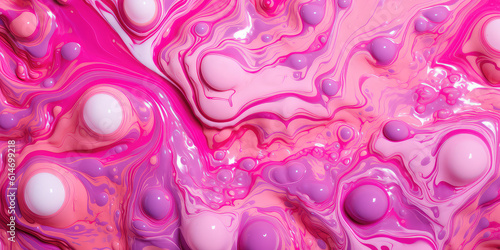 Texture of pink liquid paint with bubbles top view. Pattern of bright pink liquid surface. Close up of the bubbling paint. Generative AI photo imitation.