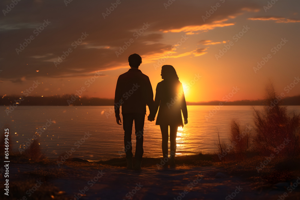 silhouette of lovers holding hands in the sunset, AI-Generated Image