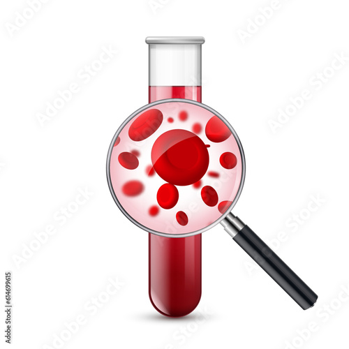 Hematology concept with red blood cell tube laboratory analysis flat examine. Hematology blood red cell liquid.