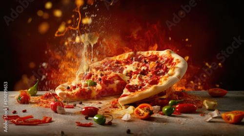 Pizza with pizza slice and food pieces floating in the air on yellow background