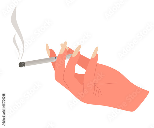 Woman's hand holding a cigarette isolated on white background. Woman hand with cigarette in flat style illustration. Smoking girl concept. Vector illustration