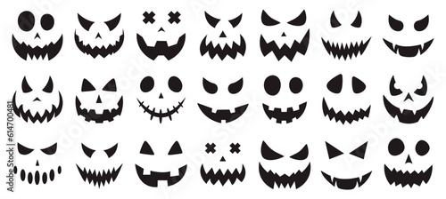 Vector set of scary pumpkin faces. Spooky faces icons. Vector illustration