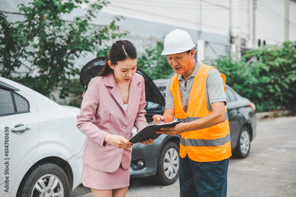 male insurance officer came to help inspect a customer's car that had an accident. Concept for vehicle crash, insurance claim. male insurance officer came to help inspect a customer's car that had an accident. Concept for vehicle crash, insurance claim.