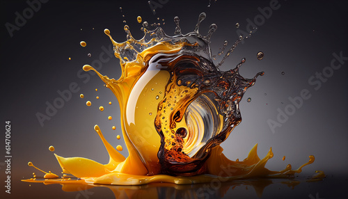 A realistic splash of oil juice, Orange juice splash in glass, Generative AI