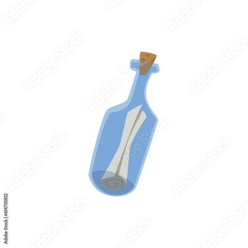 Vector illustration of glass bottle with paper roll inside on white background, Message in the bottle, Pirates symbol