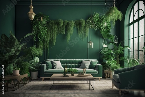 Green-walled living room adorned with potted greenery. Generative AI