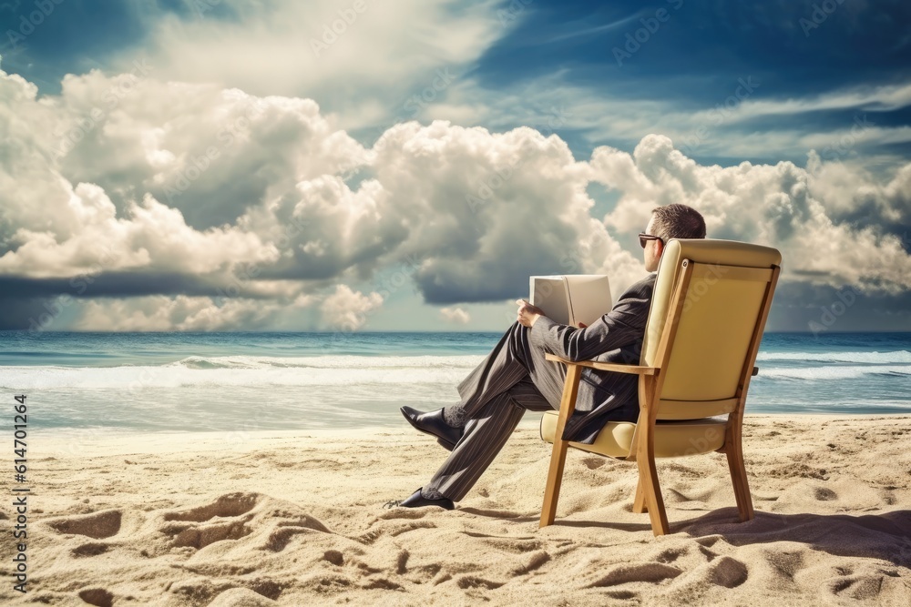 A man sitting in his sofa and working on the beach sand Generative AI Illustration