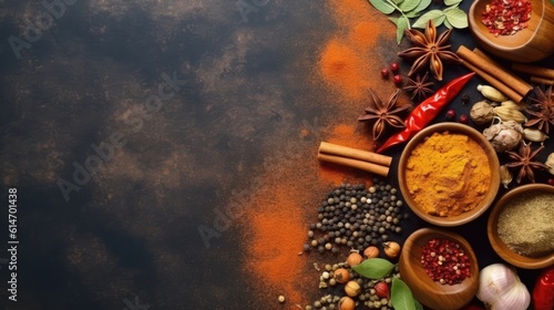 Colorful culinary background with spices and herbs in bowls, top view