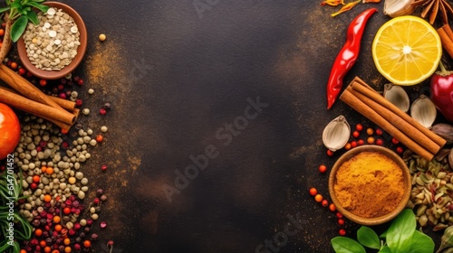 Colorful culinary background with spices and herbs in bowls, top view
