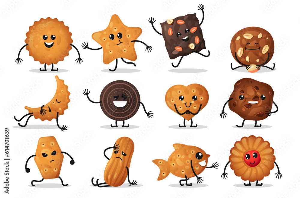 Cartoon cracker characters. Cute cookies with expressions, funny faces