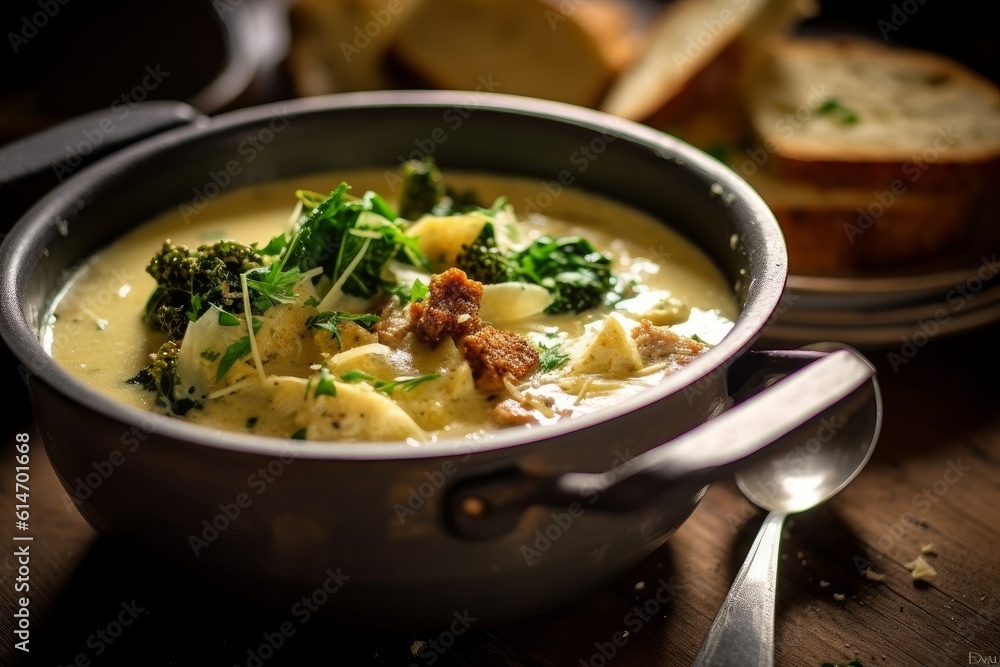 Zuppa Toscana being served in a restaurant setting, with a spoon and bread on the side Zuppa Toscana being served in a restaurant setting, with a spoon and bread on the side