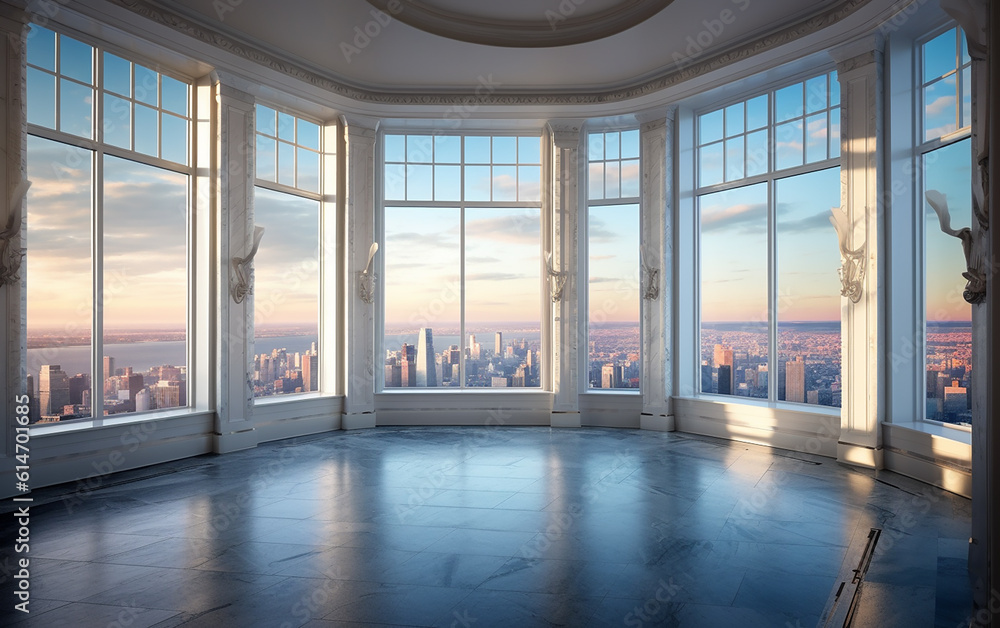 High-rise office real estate property. A well-illuminated space located in the heart of New York, USA. The room features a ceiling painted in dazzling white and provides an awe-inspiri   Generative AI