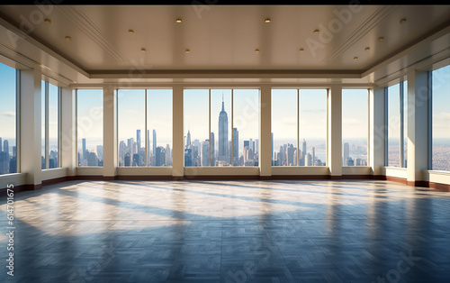 High-rise office real estate property.  A room illuminated with brightness in the midst of New York  USA. Its white ceiling offers a marvelous vista of the city.  Generative AI