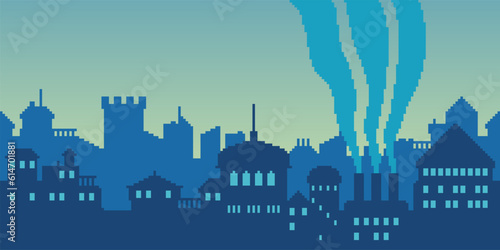 Colorful simple vector pixel art horizontal illustration of silhouette of city buildings. Cityscape in the style of a platformer