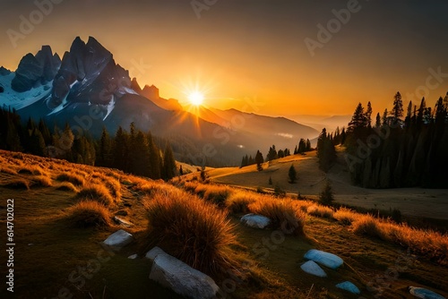 sunset in the mountains , autumn forest in the morning  photo