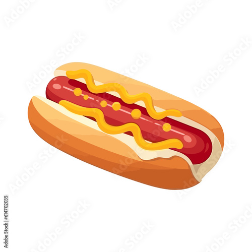 Vector illustration cartoon flat style delicious appetizing hotdog hot dog sandwich with sausage mustard greens isolated on white sticker design bun with sausage fast food snack
