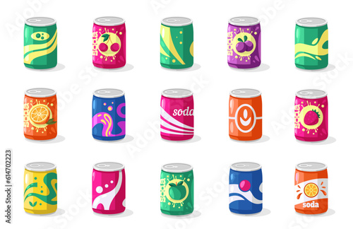 Soda in aluminum can. Cute beverage cans with colorful sweet fizzy pop, colorful cold beverages packaging cartoon style. Vector isolated set