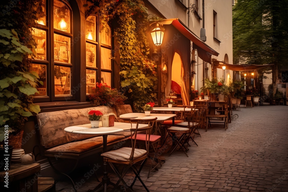 Charming European Cafe: A cozy and inviting photograph of a charming European cafe, showcasing outdoor seating, cobblestone streets, and a warm atmosphere, ideal for travel guides and cafe promotions.