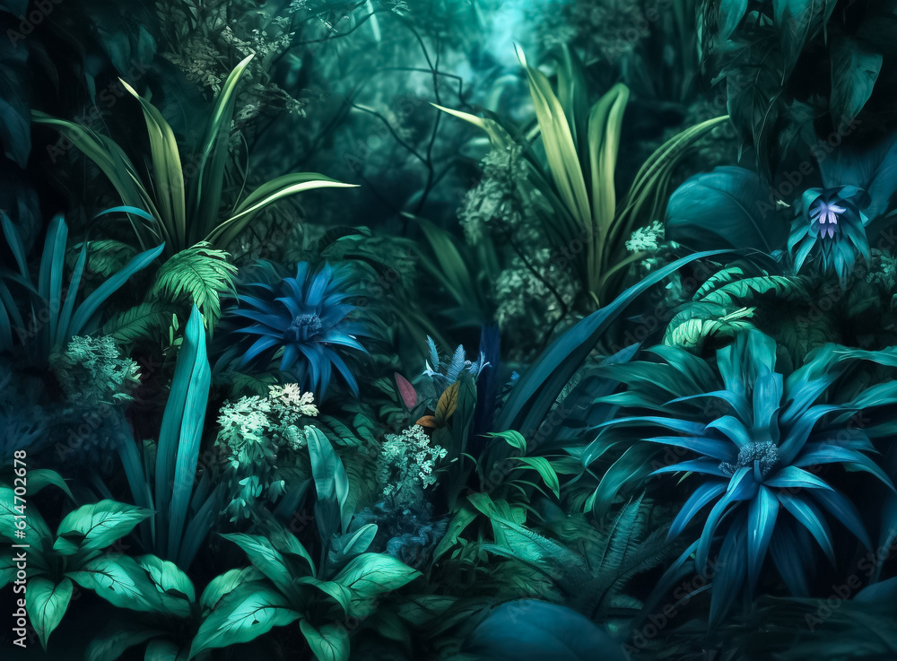 Fototapeta premium Foliage of the Green Forest Highlighting the foliage, which includes leaves and other plant elements, that flourishes in the lush greenery of the forest generative AI.