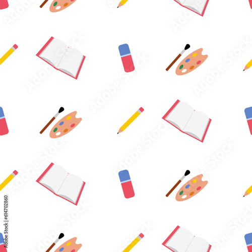 Book, pencil, eraser, brush with palette, seamless pattern, vector. Back to school. Book, pencil, eraser, brush with a palette on a white background.