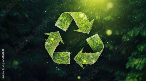 Recycling icon made from green leaves. Light background. The concept of recycling, non-waste production, eco-plastic, eco fuel.