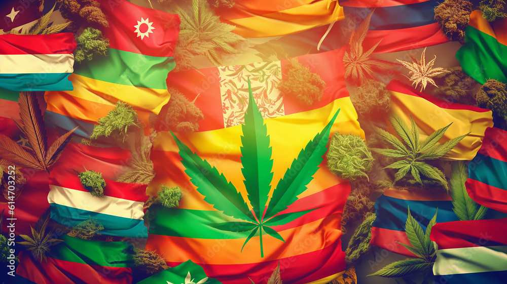 Cannabis leaf in front of flags of the world | Generative AI