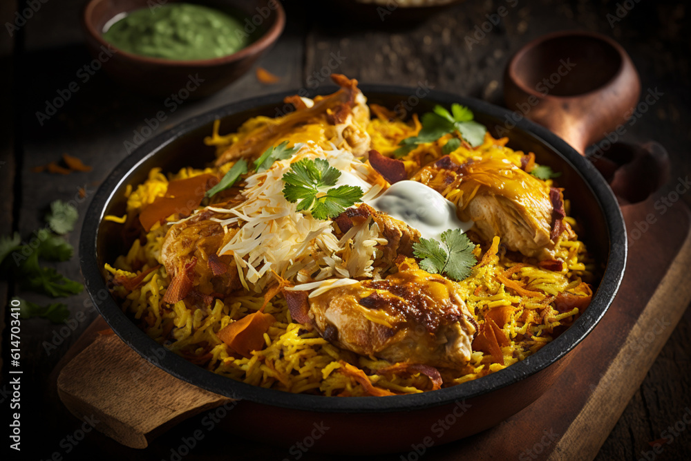 Serving of chicken biryani a yummy & fluffy rice dish with spicy savory chicken pieces. Generative AI.