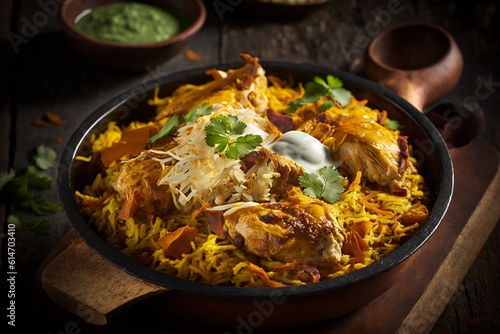 Serving of chicken biryani a yummy & fluffy rice dish with spicy savory chicken pieces. Generative AI.