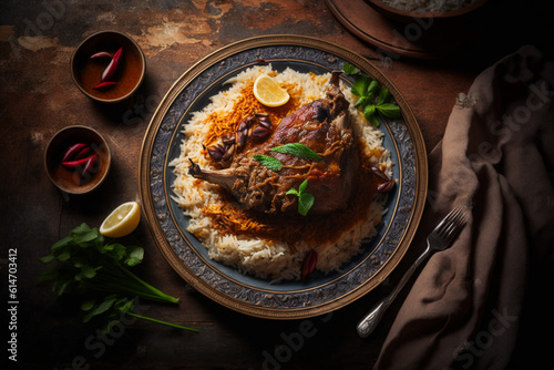 Haneeth, a succulent slow-roasted lamb specialty from Yemen, tantalizingly graces the table, aromatic rice. Generative AI.
