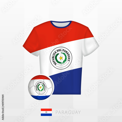 Football uniform of national team of Paraguay with football ball with flag of Paraguay. Soccer jersey and soccerball with flag.