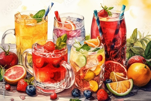 Watercolor painting of various fruits in a summer drink. Generative AI