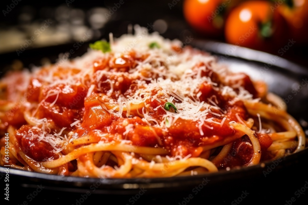 Amatriciana with tomato sauce, finely chopped onion, garlic, and grated