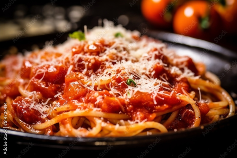 Amatriciana with tomato sauce, finely chopped onion, garlic, and grated Pecorino Romano cheese