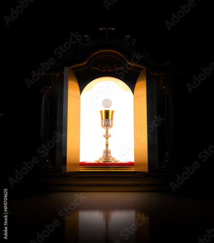 A tabernacle containing the consecrated host and the chalice with the consecrated wine, which are the Body and Blood of Our Lord Jesus Christ. Sacrament of the Eucharist - 3D Illustration photo