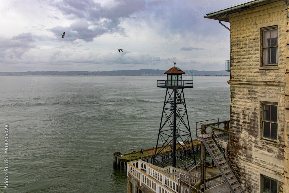 Watchtower of the Alcatraz maximum security federal prison in San Francisco Bay, in the state of California, United States of America, overlooking the Pacific Ocean. USA Concept.