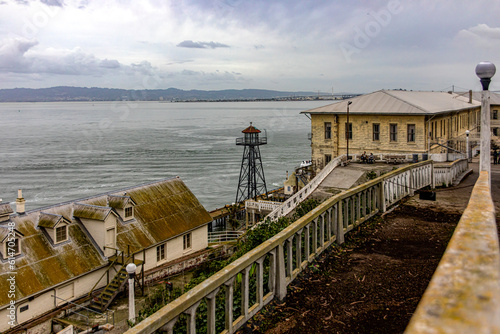Buildings, pier and watchtower of the maximum security federal prison of Alcatraz in San Francisco Bay, in the state of California, United States of America. USA Concept.