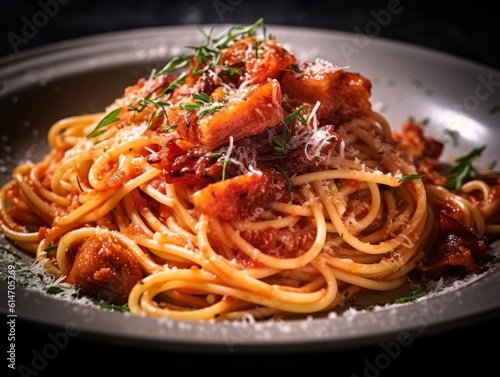 Amatriciana with crispy guanciale, al dente spaghetti, and a rich, flavorful sauce on a white plate
