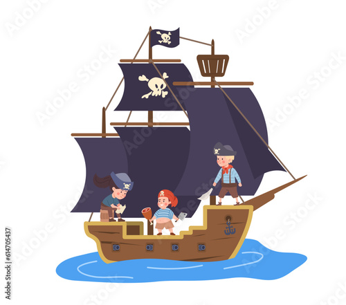 Pirate ship with children play buccaneers or filibusters, flat vector isolated.